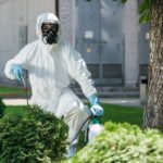 pest control worker in uniform spraying chemicals on bush